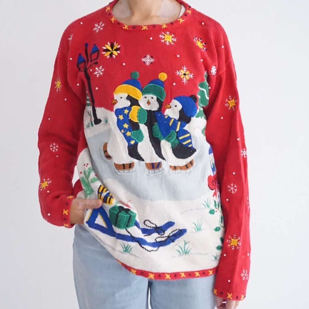 Vintage Designers Originals Red Knit Penguin Snowflake Star Beaded Sweater M